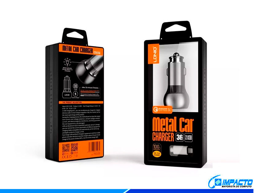 Cargador Ldnio Para Coches Quick Charge, 2 Puertos Usb Tipo-c, Laptop, Macbook, Smartphone, Salida MÁxima 36w, Color Metal (c503q)