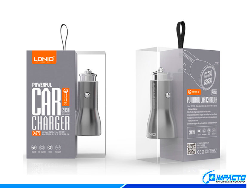 Cargador Ldnio Para Coches Powerful, 2 Puertos Usb Con Con Qc3.0, Entrada Dc 12v-24v, Salida 3.6v-6v=3a/ 6v, Color Gris (c407q)