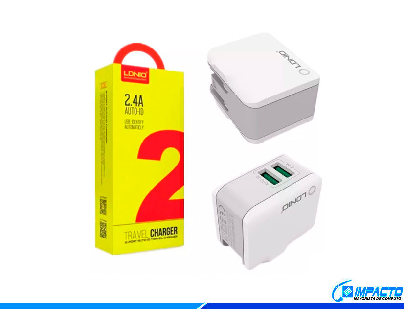 CARGADOR + CABLE USB LDNIO TRAVEL BLANCO 2 USB (A2203)