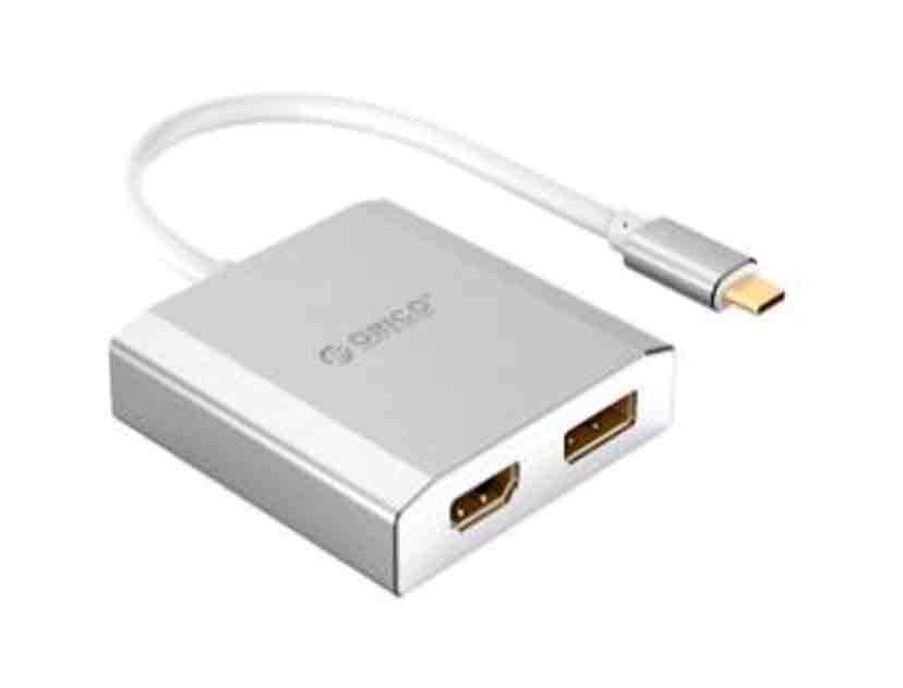 ADAPTADOR DE PUERTO TIPO C MACHO -- A -- PUERTO HDMI + PUERTO DISPLAYPORT HEMBRA, ORICO, COLOR BLANCO (XD-CFHD4-SV-BP)