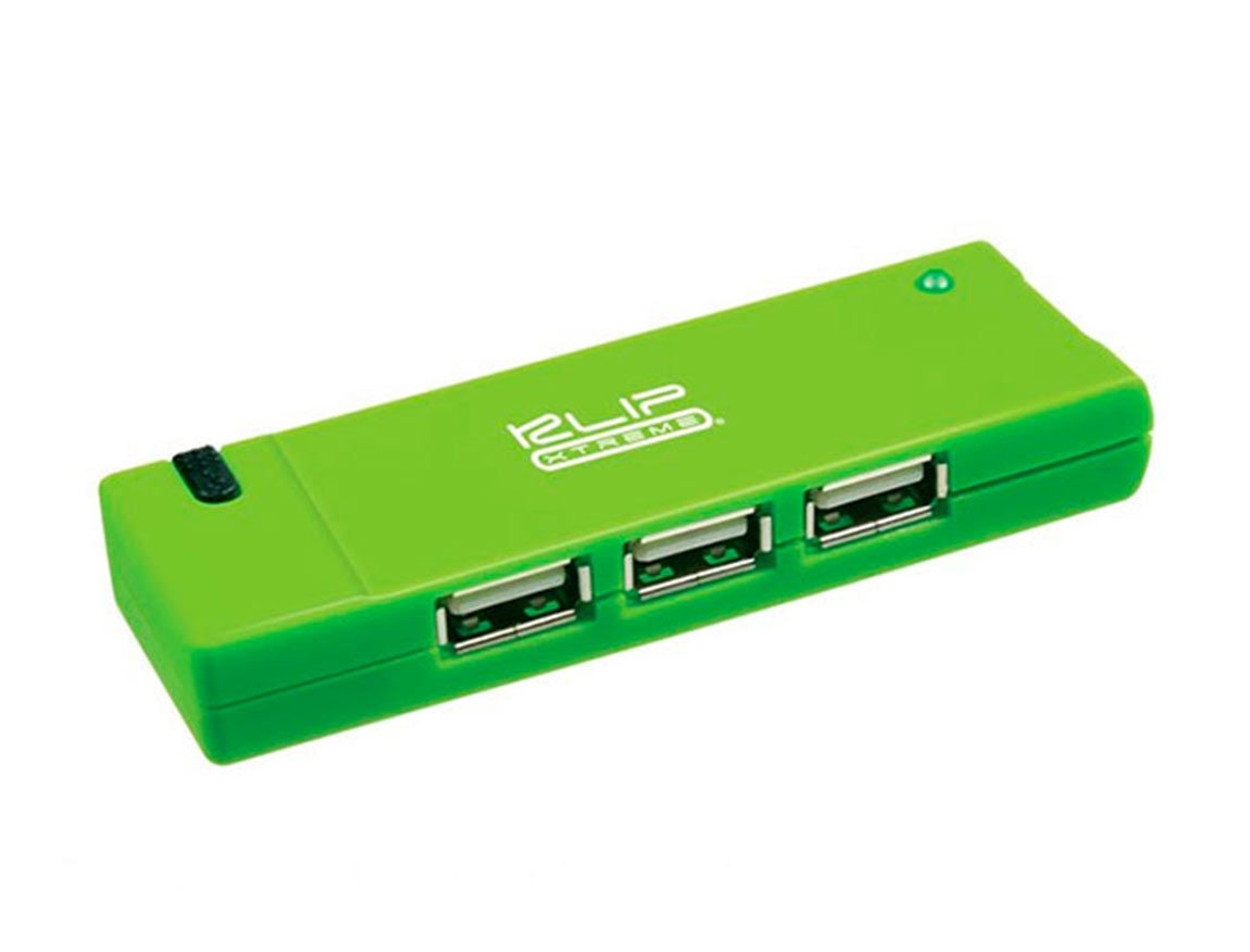 ADAPTADOR HUB DE 4 PUERTOS USB 2.0 HEMBRA, KLIP XTREME, VELOCIDAD DE TRANSFERENCIA 480 MBPS, CON ILUMINACION LED AL ENCENDER, COLOR VERDE (KUH-400G