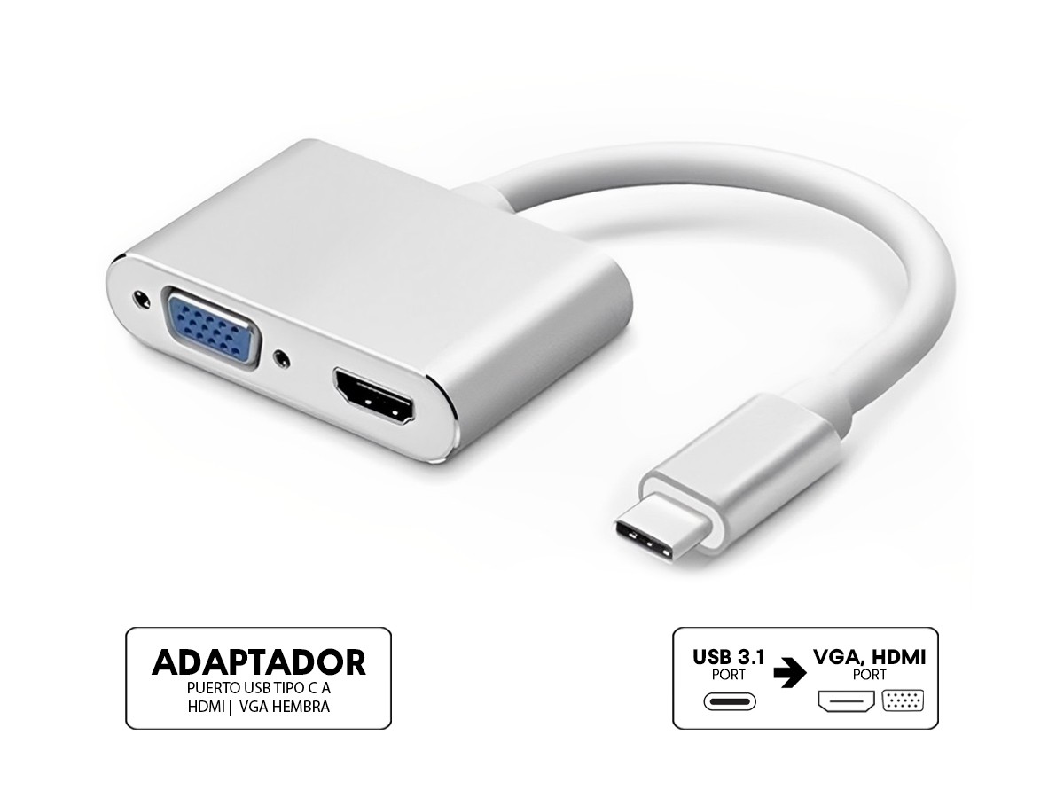 ADAPTADOR DE PUERTO USB 3.1 TYPO C MACHO -- A -- PUERTO HDMI - VGA HEMBRA,  CABLE DE 25 CM, COLOR PLATA (USB 3.1 TYPO-C - A)