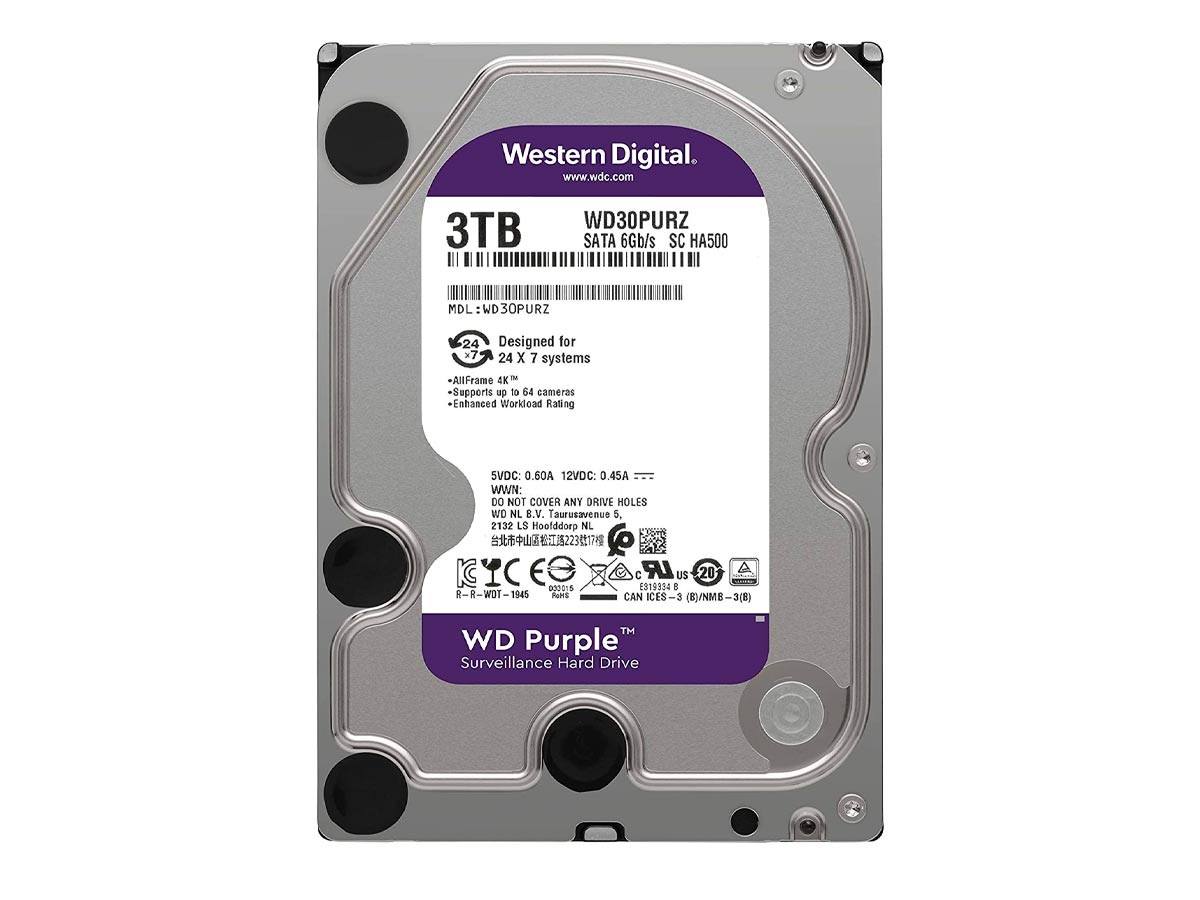 DISCO DURO WESTER DIGITAL 3TB PURPURA, CACHE 64MB, VELOCIDAD DE ROTACION 5400 RPM, FORMATO DE 3.5", SATA PARA VIDEO VIGILANCIA (WD30PURZ)