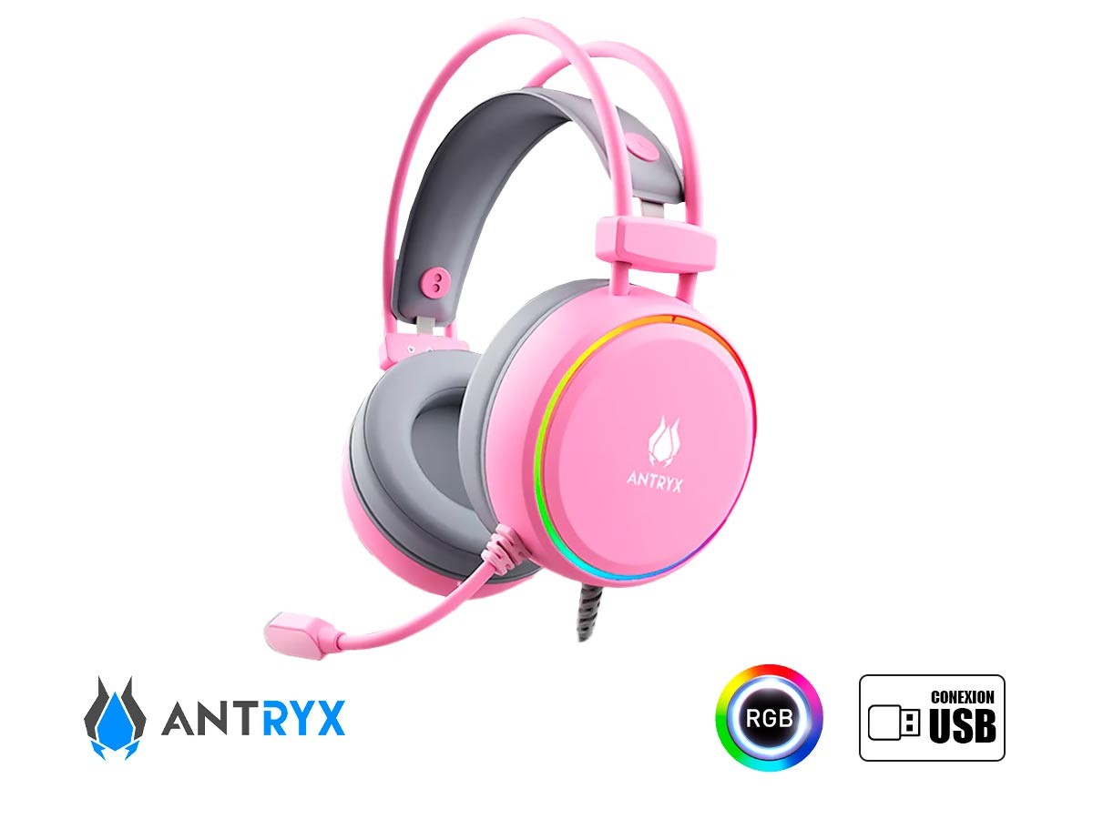 AURICULAR ANTRYX KIRBY GAMING ROSADO CON BLANCO LED RGB (AGH7200PI7R)