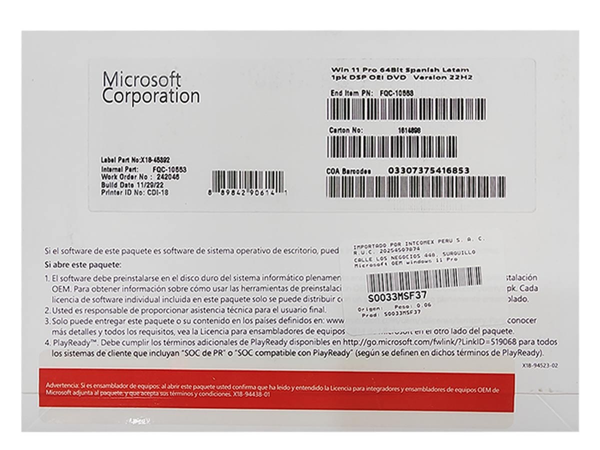 Licencia Win 11 Profesional 64bit Microsoft Oem Perpertua En Dvd | 1 Pc | EspaÑol ( Fqc-10553 )