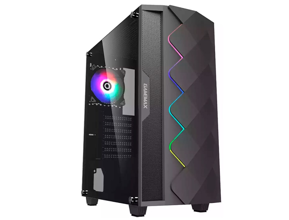 CASE GAMEMAX BLACK DIAMOND SIN FUENTE, CON PANEL DE VIDRIO TEMPLADO, 1 VENTILADOR LED ARGB, 2 PUERTOS USB, SALIDA DE AUDIO, COLOR NEGRO (COC B)