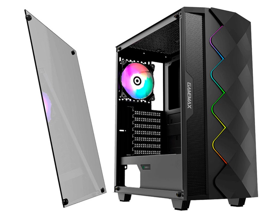 CASE GAMEMAX BLACK DIAMOND SIN FUENTE, CON PANEL DE VIDRIO TEMPLADO, 1 VENTILADOR LED ARGB, 2 PUERTOS USB, SALIDA DE AUDIO, COLOR NEGRO (COC B)