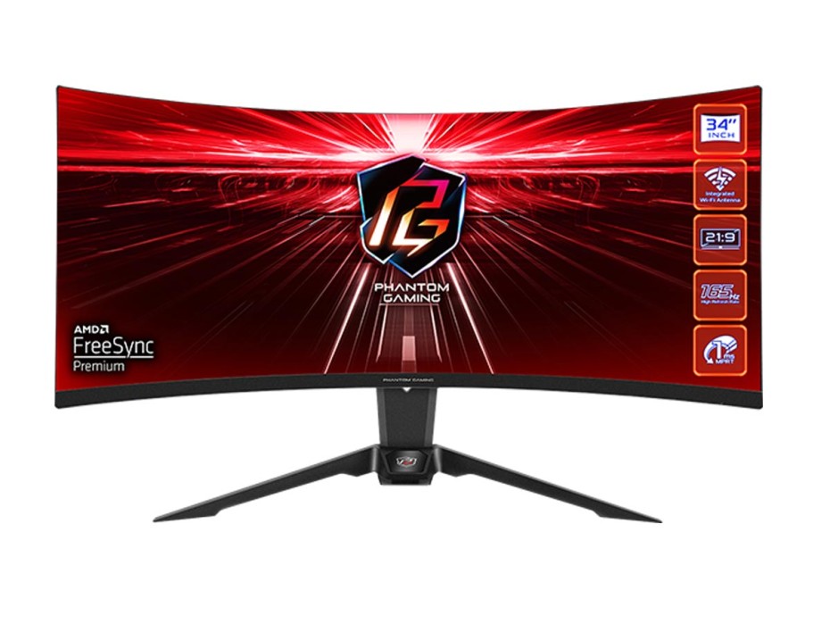 MONITOR ASROCK 34 PULGADAS, CURVO GAMING LED, PUERTO 2 HDMI DISPLAYPORT,165HZ, VA -WQHD(3440X1440) 1 MS, FREESYNC | PHANTOM (PG34WQ15R2B)