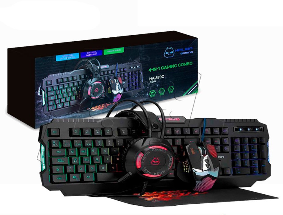COMBO 4 EN UNO HALION GAMER HA-875C MACK , TECLADO ILUMINACION LED, MOUSE ILUMINACION LED, AURICULAR NEGRO LED, PAD MOUSE, INTERFAZ USB (MACK HA-875C)