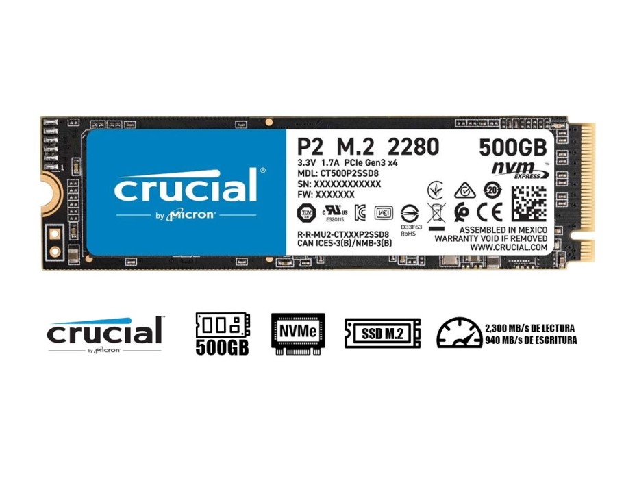 DISCO SOLIDO SSD M.2 PCIE CRUCIAL P2 500GB 2280, NVIME, UNIDAD INTERNA DE ESTADO SOLIDO, PARA PC, LAPTOP, LECTURA 2300 MB/S (CT500P2SSD8)