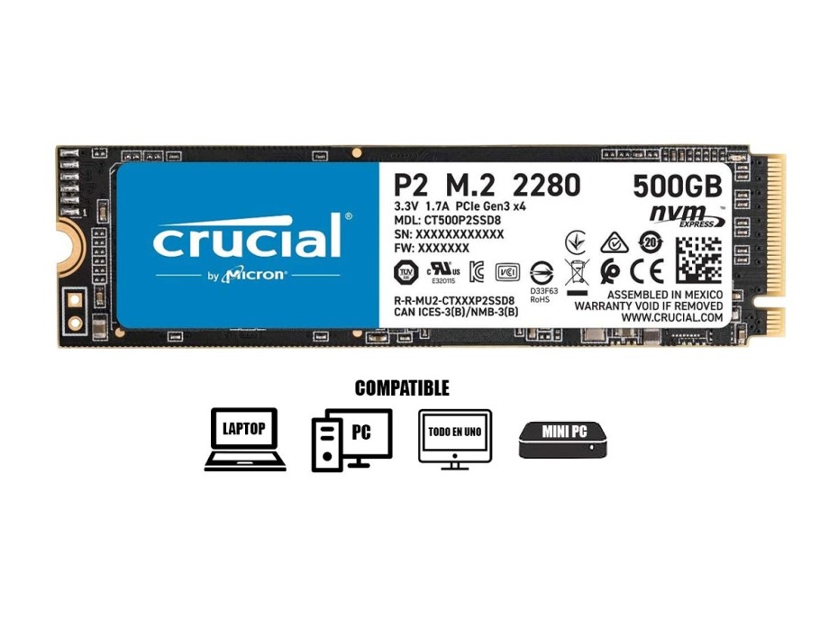 DISCO SOLIDO SSD M.2 PCIE CRUCIAL P2 500GB 2280, NVIME, UNIDAD INTERNA DE ESTADO SOLIDO, PARA PC, LAPTOP, LECTURA 2300 MB/S (CT500P2SSD8)