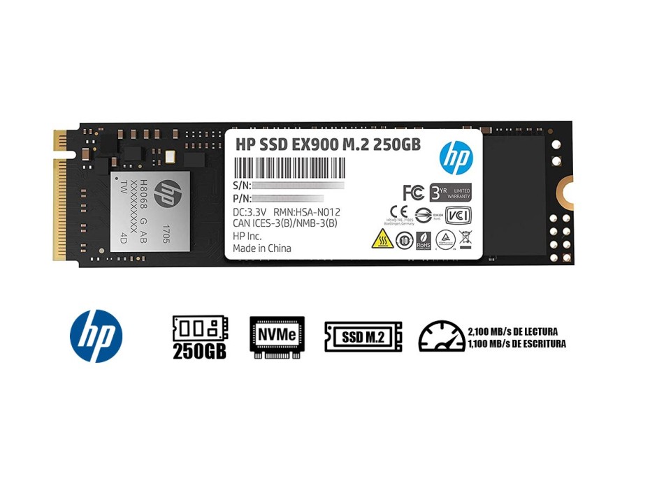 Unidad De Almacenamiento Ssd M.2 Pcie Hp 250gb Nvme Ex900, 2280 (2yy43aa#abb) 2100mb/s