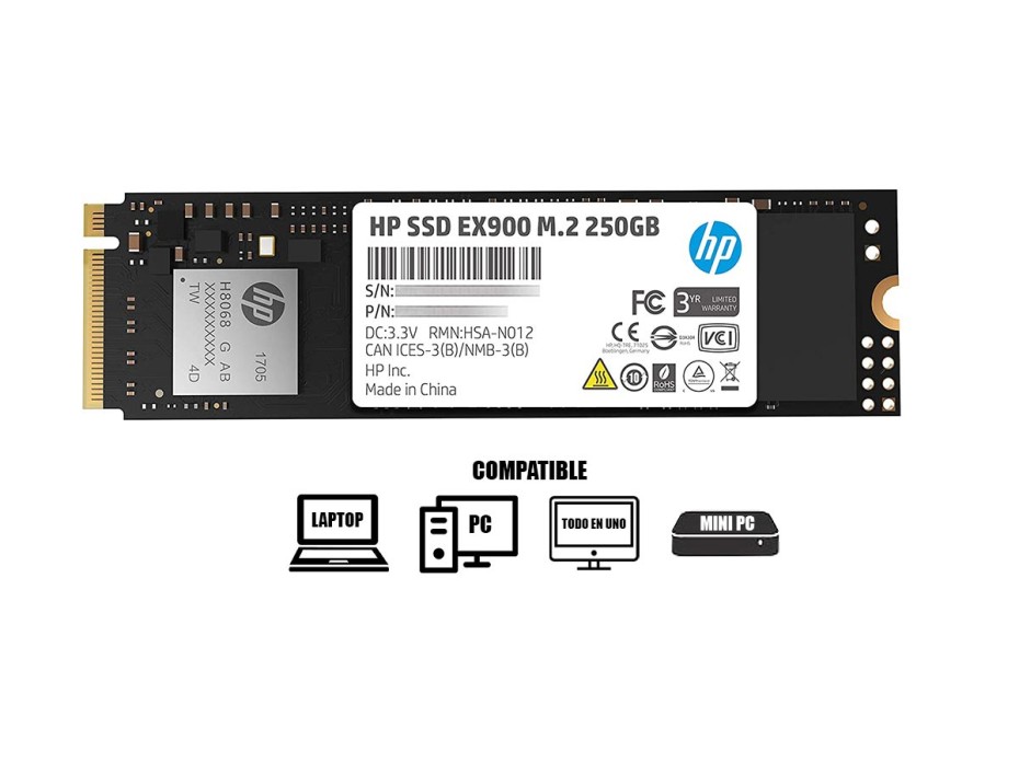 Unidad De Almacenamiento Ssd M.2 Pcie Hp 250gb Nvme Ex900, 2280 (2yy43aa#abb) 2100mb/s
