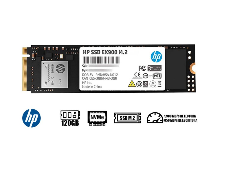 DISCO SOLIDO SSD M.2 PCIE HP 120GB 2280 EX900, GEN3X4, NVME, UNIDAD INTERNA DE ESTADO SOLIDO, PARA PC, LAPTOP, LECTURA 1900 MB/S (2YY42AA#ABL)