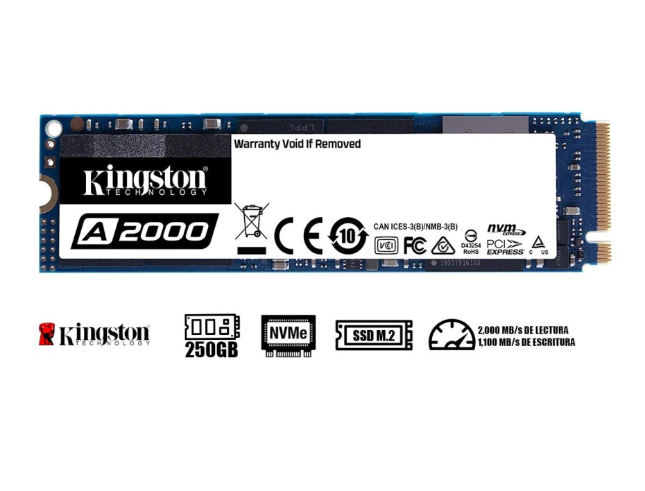 DISCO SOLIDO SSD M.2 PCIE KINGSTON 250GB 2280 A2000 GEN3X4, NVME, UNIDAD INTERNA DE ESTADO SOLIDO, PARA PC, LAPTOP, LECTURA 2000MB/S (SA2000M8/250G)