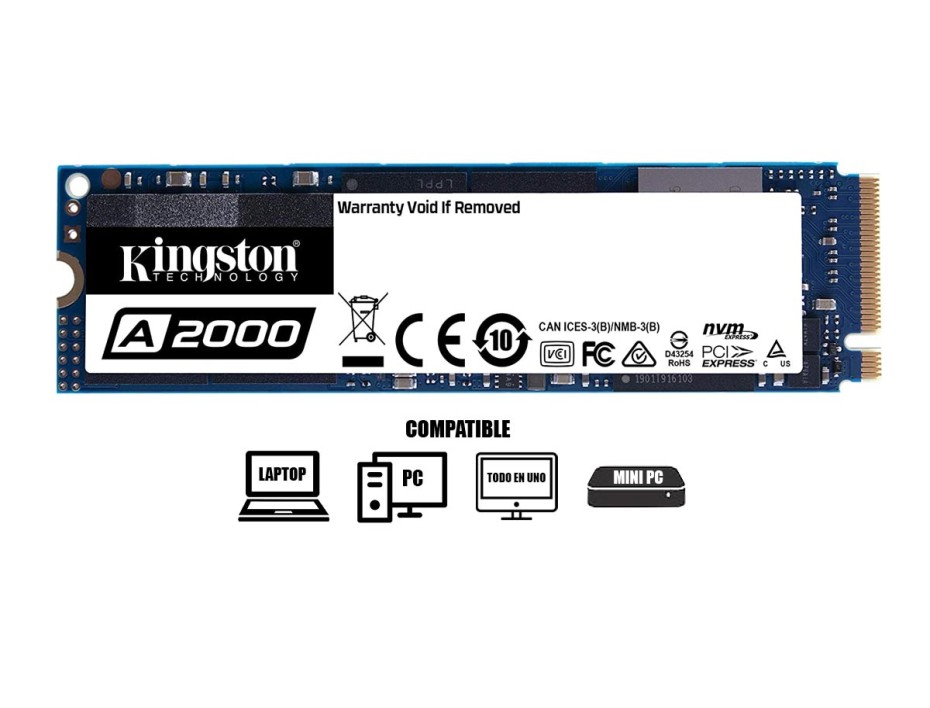 DISCO SOLIDO SSD M.2 PCIE KINGSTON 250GB 2280 A2000 GEN3X4, NVME, UNIDAD INTERNA DE ESTADO SOLIDO, PARA PC, LAPTOP, LECTURA 2000MB/S (SA2000M8/250G)