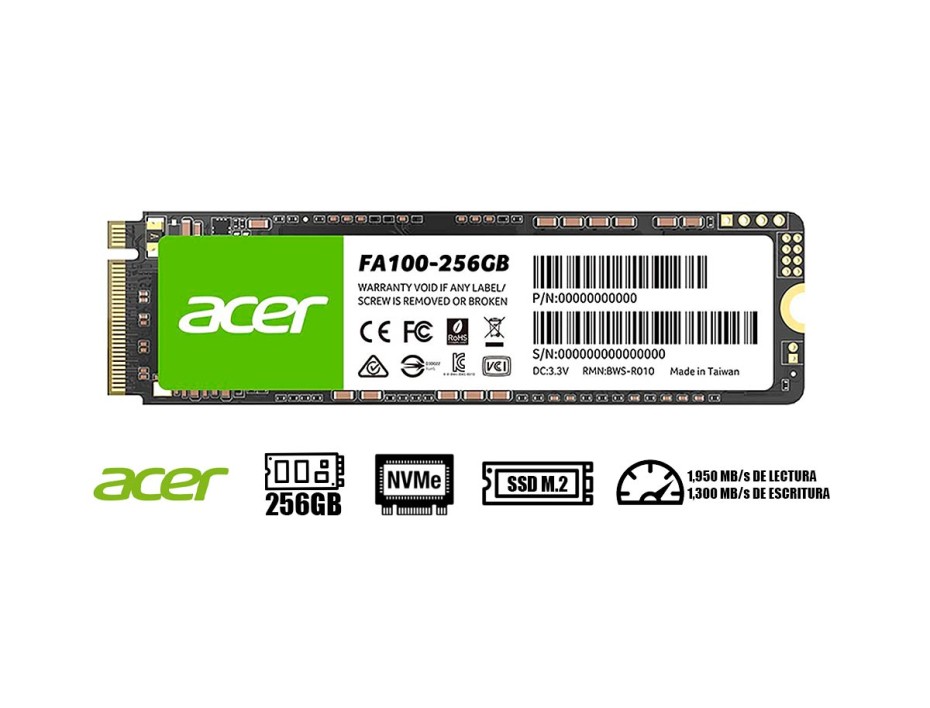 DISCO SOLIDO SSD M.2 PCIE ACER 256GB FA100 2280, GEN3X4, NVME, UNIDAD INTERNA DE ESTADO SOLIDO, PARA PC, LAPTOP, LECTURA 3300MB/S (BL.9BWWA.118)