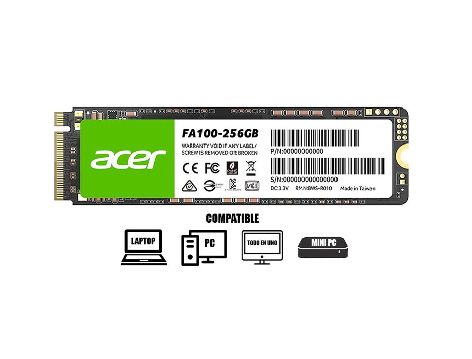 DISCO SOLIDO SSD M.2 PCIE ACER 256GB FA100 2280, GEN3X4, NVME, UNIDAD INTERNA DE ESTADO SOLIDO, PARA PC, LAPTOP, LECTURA 3300MB/S (BL.9BWWA.118)