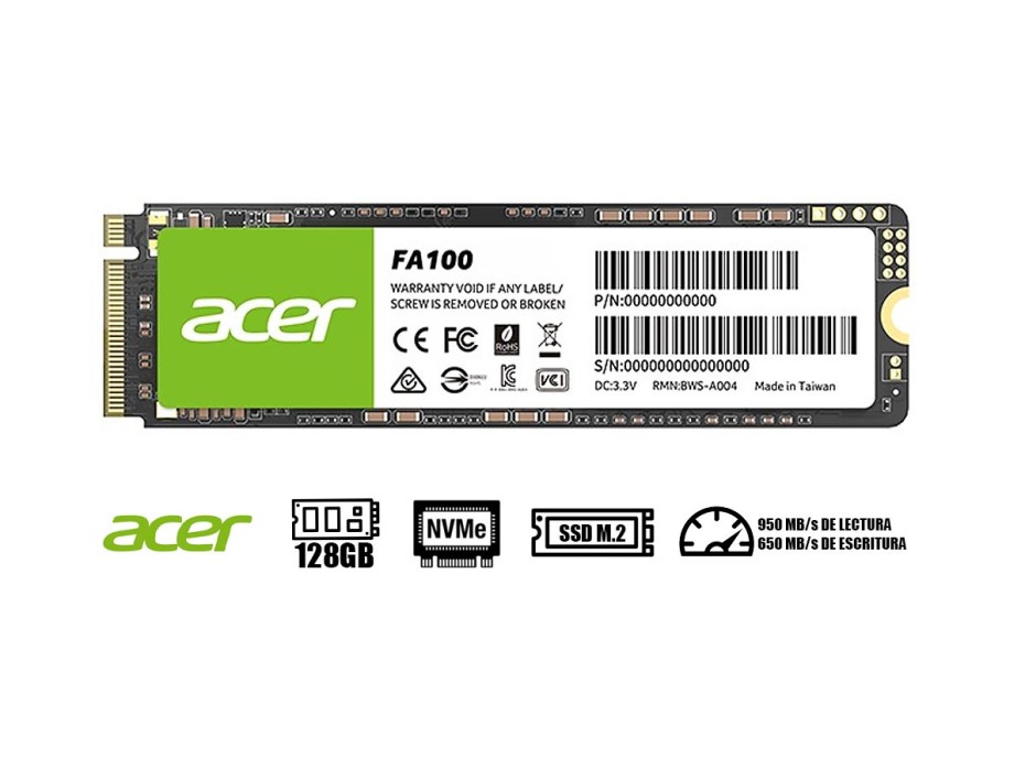 DISCO SOLIDO SSD M.2 PCIE ACER 128GB 2280 FA100 GEN3X4, UNIDAD INTERNA DE ESTADO SOLIDO, PARA PC, LAPTOP, LECTURA 950MB/S (BL.9BWWA.117)