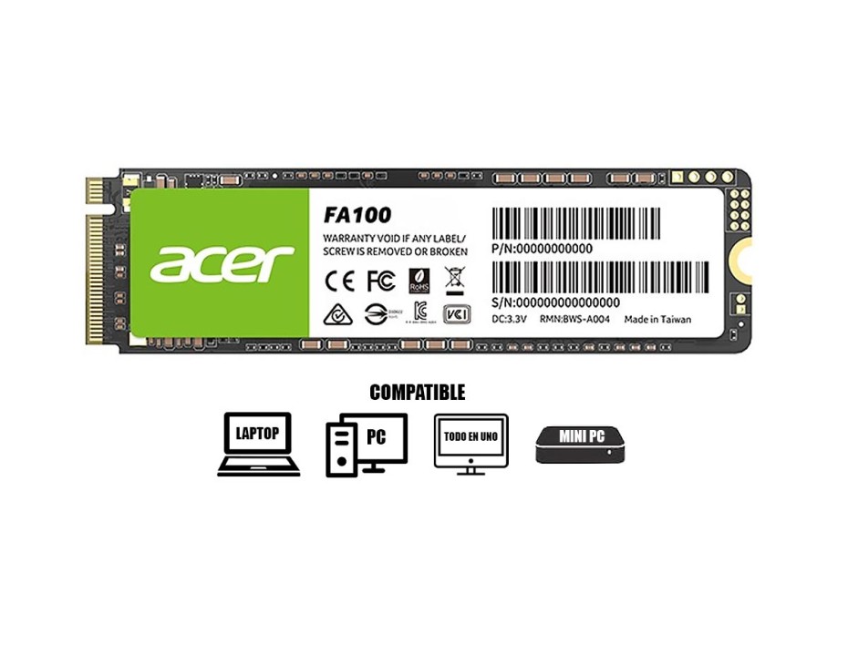 DISCO SOLIDO SSD M.2 PCIE ACER 128GB 2280 FA100 GEN3X4, UNIDAD INTERNA DE ESTADO SOLIDO, PARA PC, LAPTOP, LECTURA 950MB/S (BL.9BWWA.117)