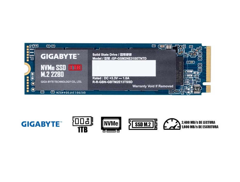 DISCO SOLIDO SSD M.2 PCIE GIGABYTE 1TB G10, 2280, GEN3X4, NVIME, UNIDAD INTERNA DE ESTADO SOLIDO, PARA PC, LAPTOP, LECTURA 2500MB/S (GP-GSM2NE325E1TB)