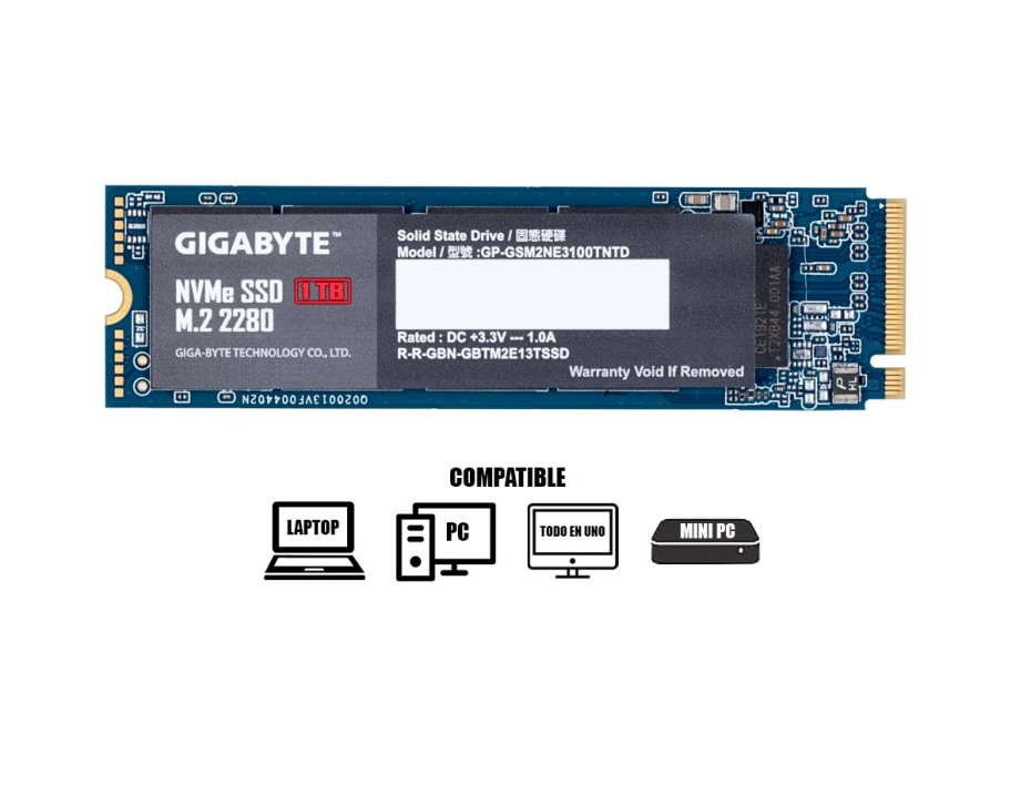 DISCO SOLIDO SSD M.2 PCIE GIGABYTE 1TB G10, 2280, GEN3X4, NVIME, UNIDAD INTERNA DE ESTADO SOLIDO, PARA PC, LAPTOP, LECTURA 2500MB/S (GP-GSM2NE325E1TB)