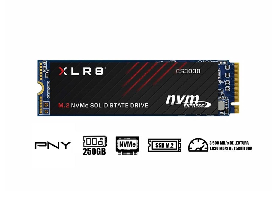 DISCO SOLIDO SSD M.2 PCIE PNY 250GB 2280 XLR8 CS3030, NVME, UNIDAD INTERNA DE ESTADO SOLIDO, PARA PC, LAPTOP, LECTURA 3,500MB/S (M280CS3030-250-RB)