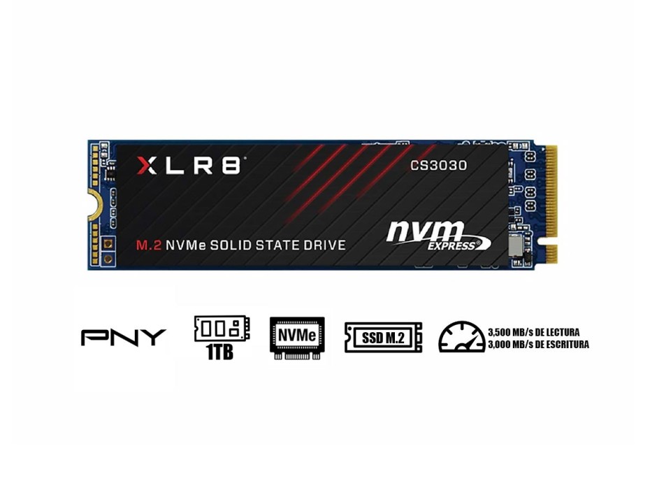 DISCO SOLIDO SSD M.2 PCIE PNY 1TB 2280 XLR8 CS3030, GEN3X4, NVME, UNIDAD INTERNA ESTADO SOLIDO, PARA PC, LAPTOP, LECTURA 3500MB/S (M280CS3030-1TB-RB)