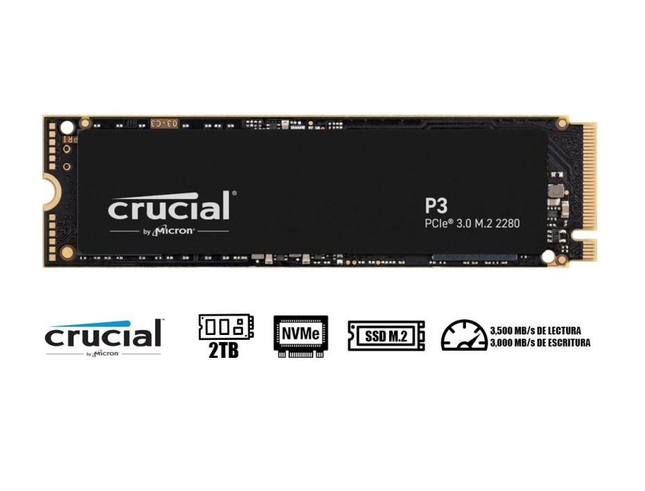 DISCO SOLIDO SSD M.2 PCIE CRUCIAL 2TB 2280 P3, GEN3, NVME, UNIDAD INTERNA DE ESTADO SOLIDO, PARA PC, LAPTOP, LECTURA 3500MB/S (CT2000P3SSD8