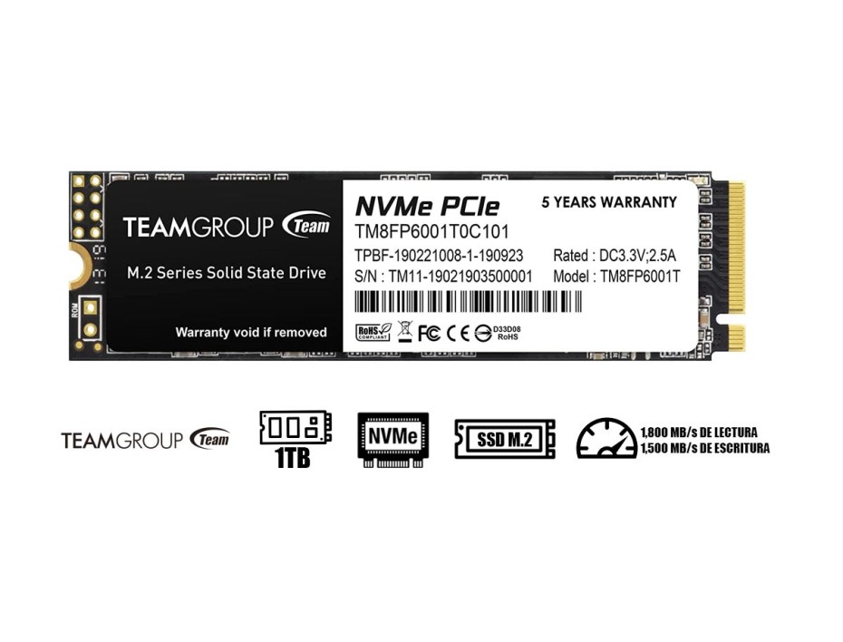 DISCO SOLIDO SSD M.2 TEAMGROUP 1TB MP33, GEN3X4, NVME, UNIDAD INTERNA DE ESTADO SOLIDO, PARA PC, LAPTOP, LECTURA 1800MB/S (TM8FP6001T0C101)