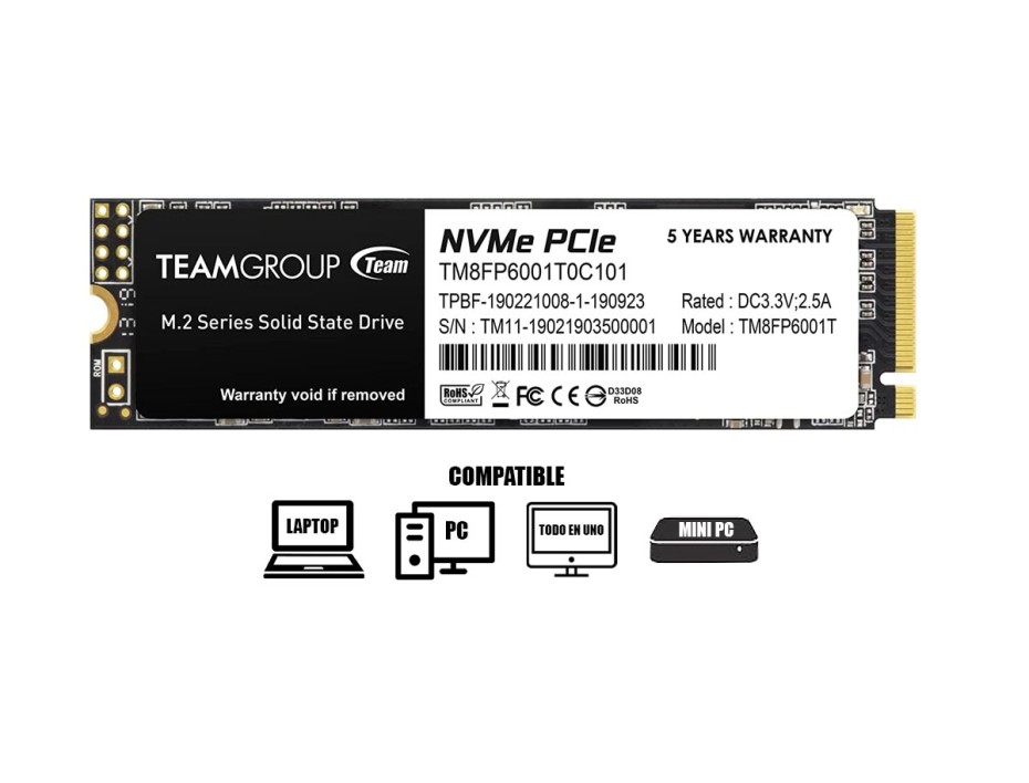 DISCO SOLIDO SSD M.2 TEAMGROUP 1TB MP33, GEN3X4, NVME, UNIDAD INTERNA DE ESTADO SOLIDO, PARA PC, LAPTOP, LECTURA 1800MB/S (TM8FP6001T0C101)