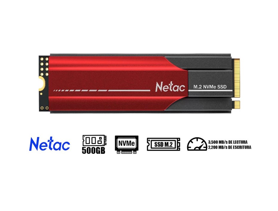 DISCO SOLIDO SSD M.2 PCIE NETAC 500GB N950E, 2280, DISIPADOR, NVME, UNIDAD DE ESTADO SOLIDO, PARA PC, LAPTOP, LECTURA 3500MB/S (NT01N950E-500G-E4X)