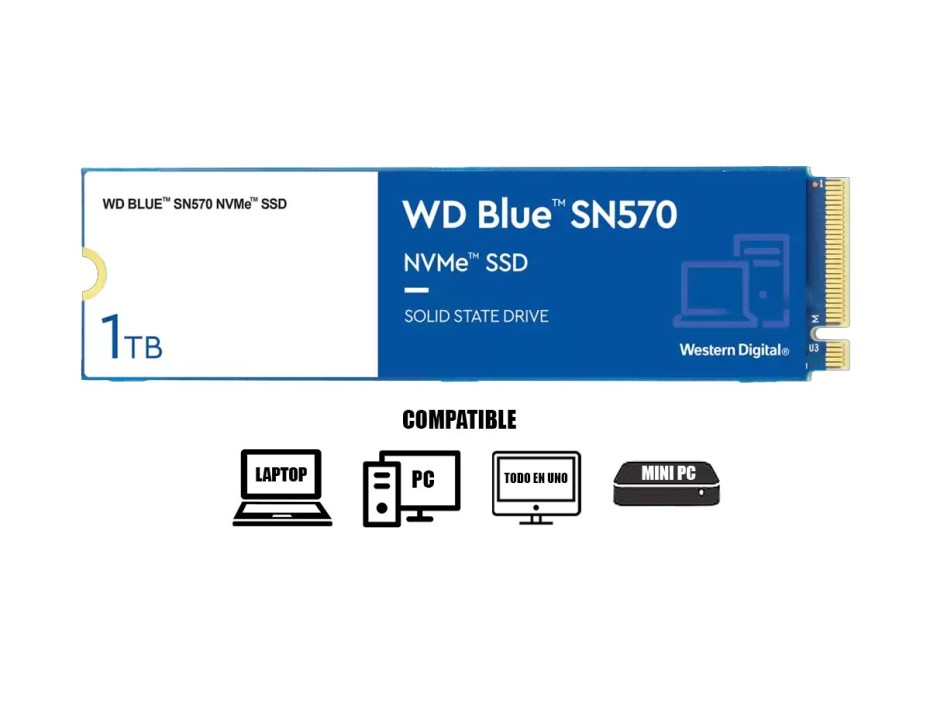 DISCO SOLIDO SSD M.2 PCIE WESTER DIGITAL 1TB SN570 2280, GEN3X4, NVME, UNIDAD INTERNA DE ESTADO SOLIDO, PARA PC, LAPTOP, LECTURA 3500MB/S(WDS100T3B0C)
