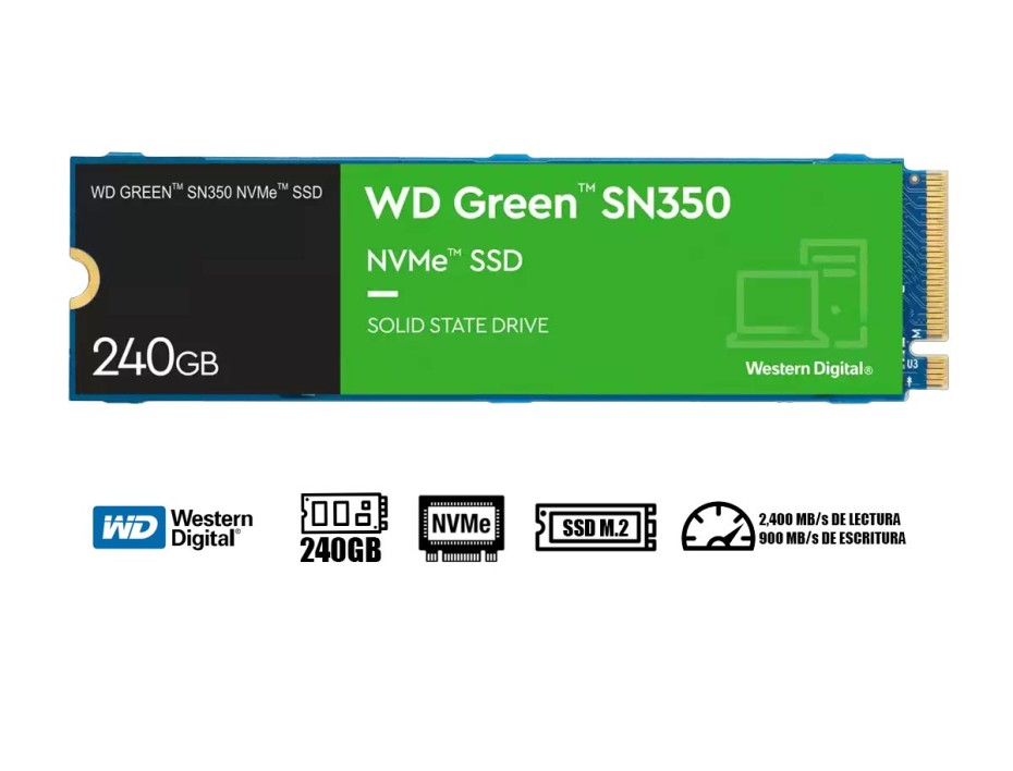 DISCO SOLIDO SSD M.2 PCIE WESTER DIGITAL 240GB SN350, 2280, GEN3, NVME, UNIDAD INTERNA ESTADO SOLIDO, PARA PC, LAPTOP, LECTURA 2400MB/S(WDS240G2G0C)