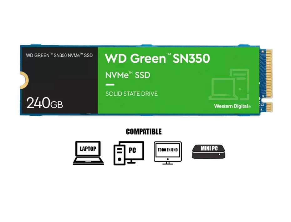 DISCO SOLIDO SSD M.2 PCIE WESTER DIGITAL 240GB SN350, 2280, GEN3, NVME, UNIDAD INTERNA ESTADO SOLIDO, PARA PC, LAPTOP, LECTURA 2400MB/S(WDS240G2G0C)