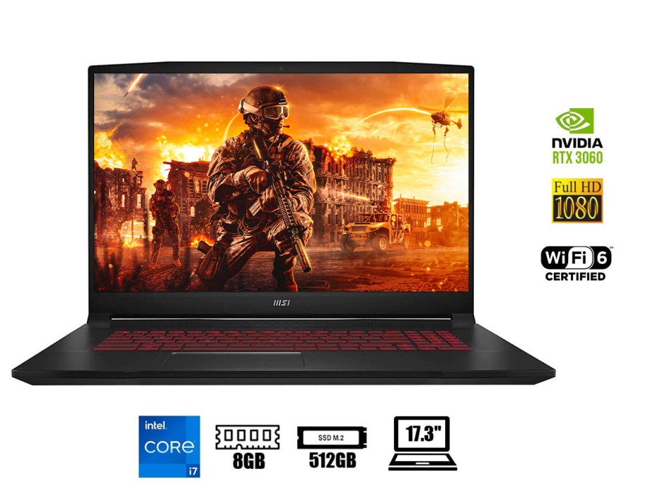 LAPTOP MSI CORE I7 12700H GAMER KATANA GF76, PANTALLA 17.3 FHD IPS 144HZ, RAM 8GB, DISCO SSD M.2 512GB, VIDEO 3060 6GB NVIDIA, WIN11 (9S7-17L322-683)