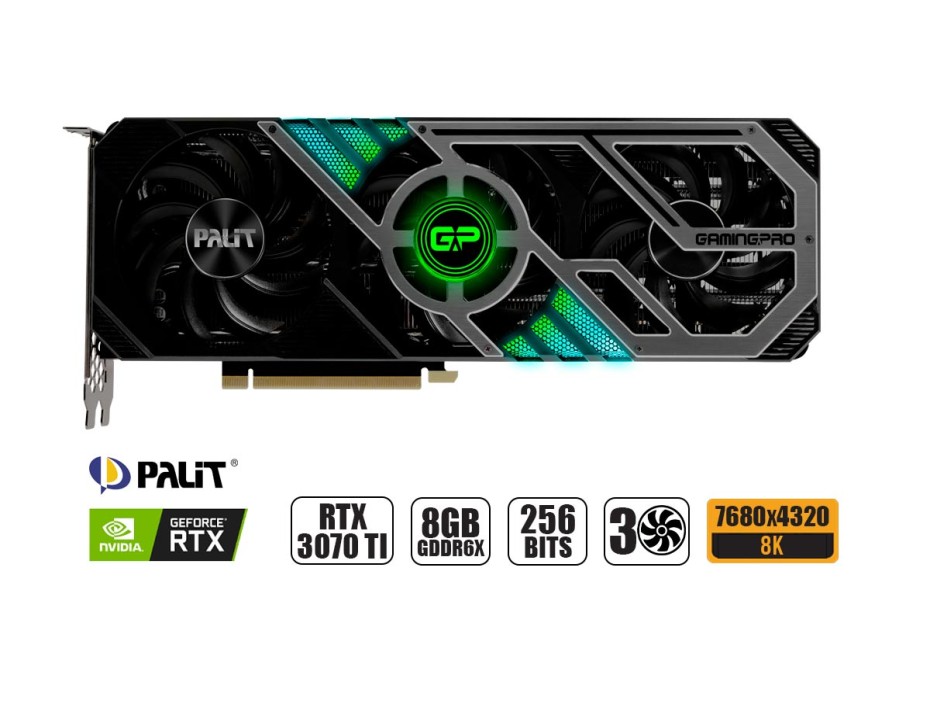 TARJETA DE VIDEO PALIT GAMER PRO RTX 3070 TI 8GB GDDR6X GEFORCE NVIDIA 256 BITS, GRAFICO PARA VIDEOJUEGOS, 3 VENTILADORES (NED307T019P2-1046A)