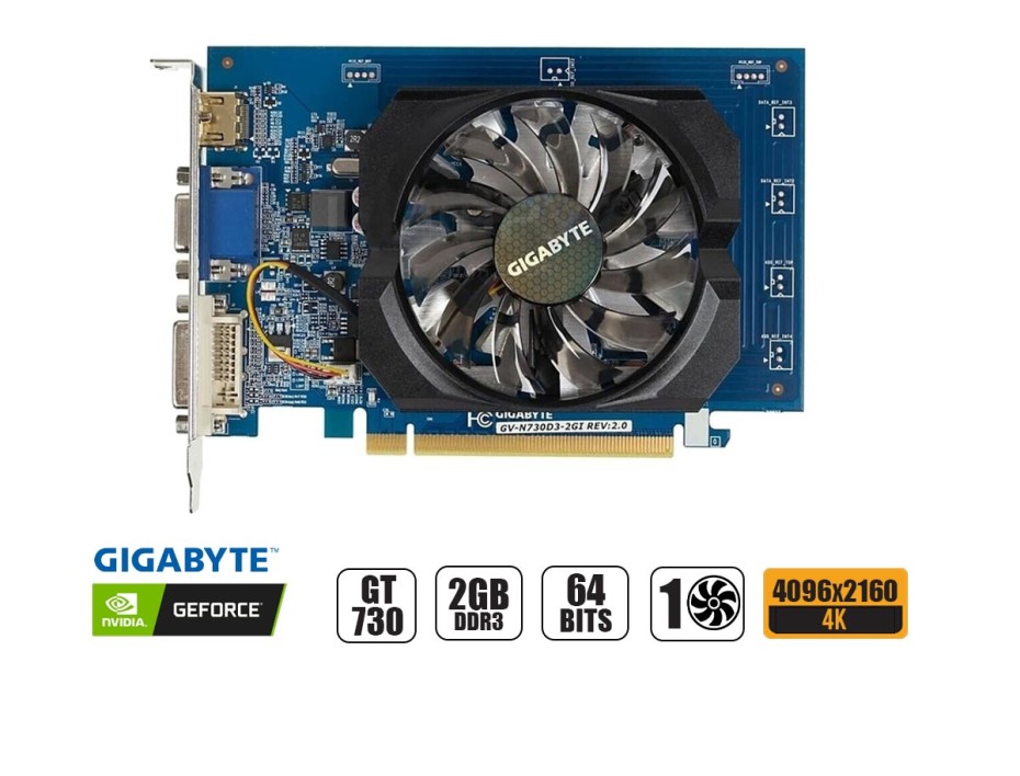 TARJETA DE VIDEO GIGABYTE GT 730 2GB DDR3 GEFORCE NVIDIA 64 BITS, 1 VENTILADOR (GV-N730D3-2GI)