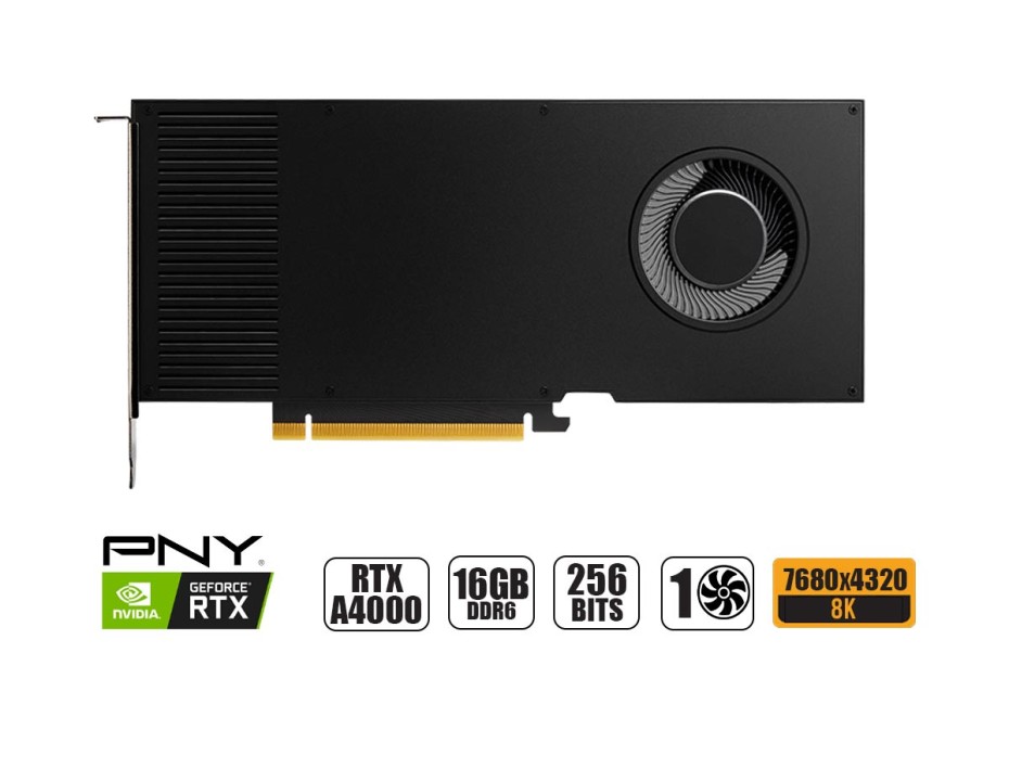 TARJETA DE VIDEO PNY QUADRO RTX A4000 16GB DDR6 GEFORCE NVIDIA 256 BITS, GRAFICO PARA VIDEOJUEGOS, 1 VENTILADOR (VCNRTXA4000-PB)