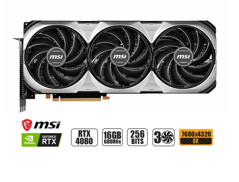 TARJETA DE VIDEO MSI VENTUS 3X OC RTX 4080 16GB GDDR6X GEFORCE NVIDIA 256 BITS, GRAFICO PARA VIDEOJUEGOS, 3 VENTILADORES ( 912-V511-013 )