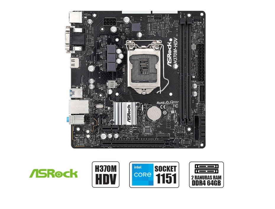 PLACA MADRE ASROCK H370M HDV, PARA PROCESADORES INTEL LGA 1151, 2 RANURAS DE MEMORIA DDR4 HASTA 64GB BUSS 2666 MHZ, 8VA Y 9NA  GEN. (90-MXBF40-A0UAYZ)
