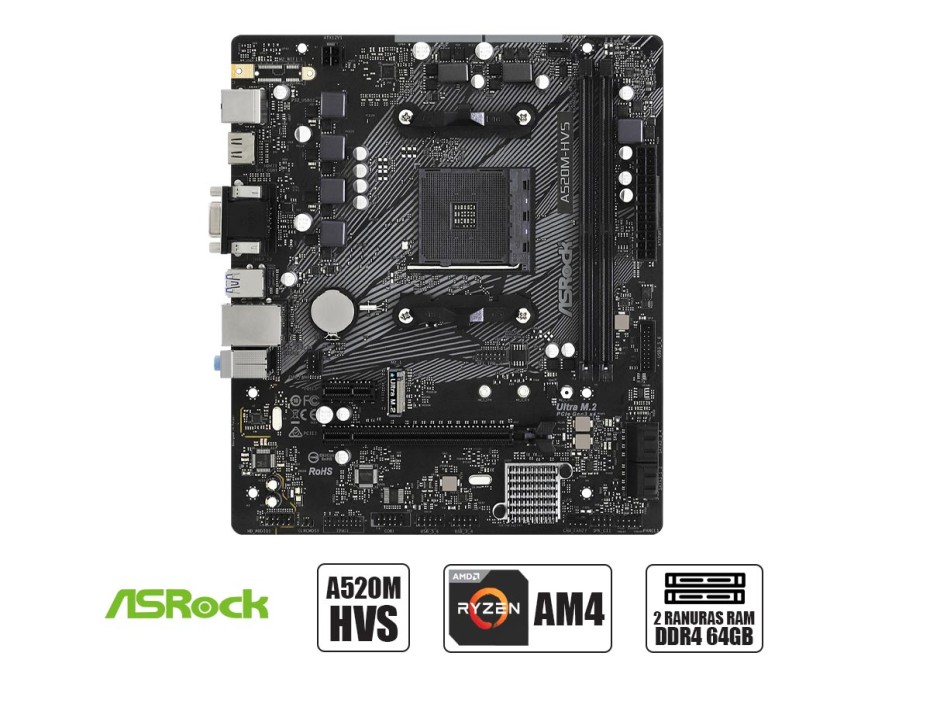 PLACA MADRE ASROCK A520M-HVS, PARA PROCESADORES AMD RYZEN AM4, 2 RANURAS DE MEMORIA DDR4 HASTA 64GB BUSS 4733+ (OC), G 4000 3000 (90-MXBE60-A0UAYZ)