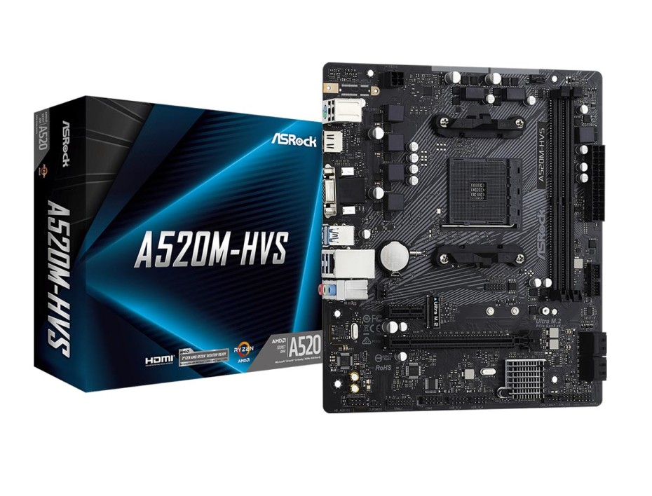 PLACA MADRE ASROCK A520M-HVS, PARA PROCESADORES AMD RYZEN AM4, 2 RANURAS DE MEMORIA DDR4 HASTA 64GB BUSS 4733+ (OC), G 4000 3000 (90-MXBE60-A0UAYZ)