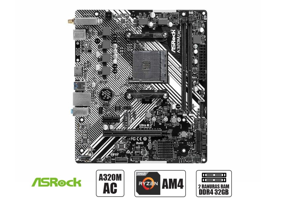 PLACA MADRE ASROCK A320M AC, CON WIFI, PARA AMD RYZEN AM4, 2 RANURAS DE MEMORIA DDR4 HASTA 32GB BUSS 3200 MHZ, APUS SOCKET AM4 (90-MXBCJ0-A0UAYZ)