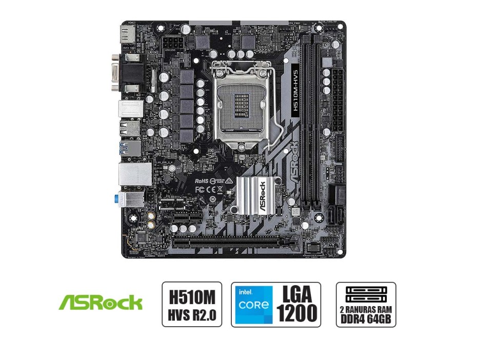 PLACA MADRE ASROCK H510M-HVS R2.0, PARA PROCESADORES INTEL LGA 1200, 2 RANURAS DE MEMORIA DDR4 HASTA 64 GB BUSS 3200 MHZ, 10MA 11G.(90-MXBGT0-A0UAYZ)