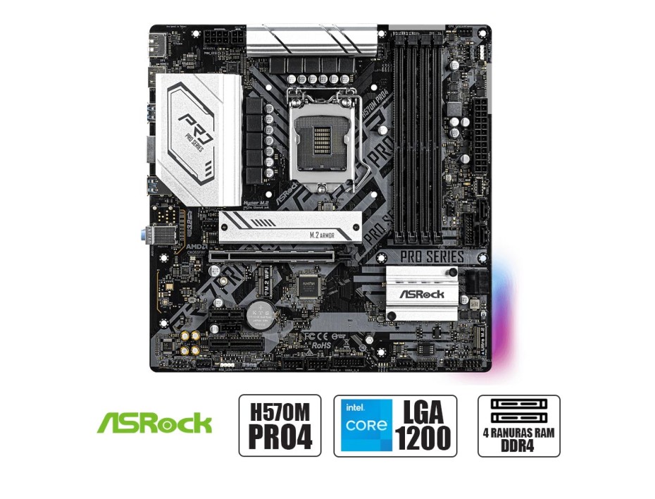 PLACA MADRE ASROCK H570M PRO4, PARA PROCESADORES INTEL LGA 1200, 4 RANURAS DE MEMORIA DDR4 HASTA 128GB BUSS 4800 MHZ, 10MA 11VA GEN (90-MXBFR0-A0UAYZ)