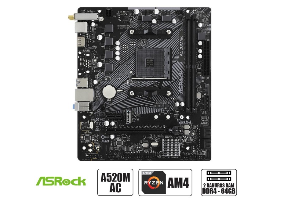 PLACA MADRE ASROCK A520M AC, PARA PROCESADORES AMD RYZEN AM4, 2 RANURAS DE MEMORIA DDR4 HASTA64GB BUSS 3200 ECC, G-3000 G-5000 (90-MXBE70-A0UAYZ)