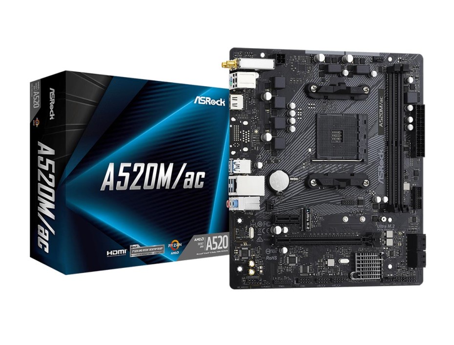 PLACA MADRE ASROCK A520M AC, PARA PROCESADORES AMD RYZEN AM4, 2 RANURAS DE MEMORIA DDR4 HASTA64GB BUSS 3200 ECC, G-3000 G-5000 (90-MXBE70-A0UAYZ)