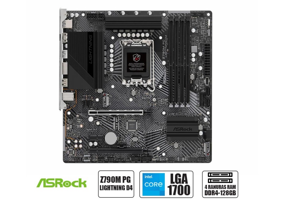 PLACA MADRE ASROCK Z790M PG LIGHTNING D4, PARA PROCESADORES INTEL LGA 1700, 4 RANURAS DE MEMORIA DDR4 HASTA 128GB BUSS 3200 MHZ (90-MXBJW0-A0UAYZ)