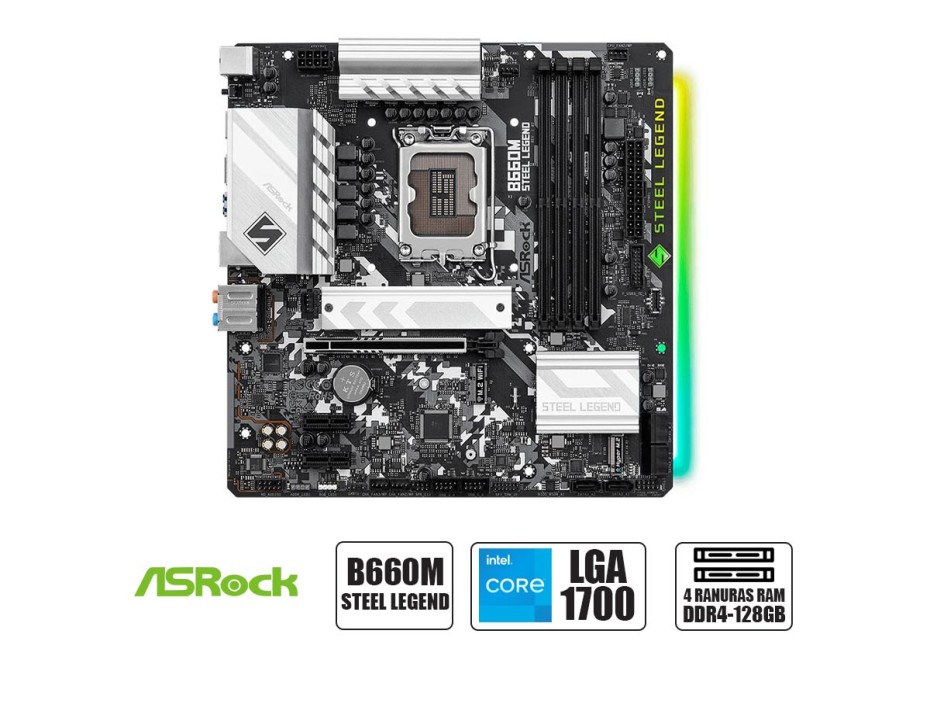 PLACA MADRE ASROCK B660M STEEL LEGEND, PARA PROCESADORES INTEL LGA 1700, 4 RANURAS DE MEMORIA DDR4 HASTA 128GB BUSS 3200 MHZ, 13VA GE(90-MXBH30-A0UYZ)